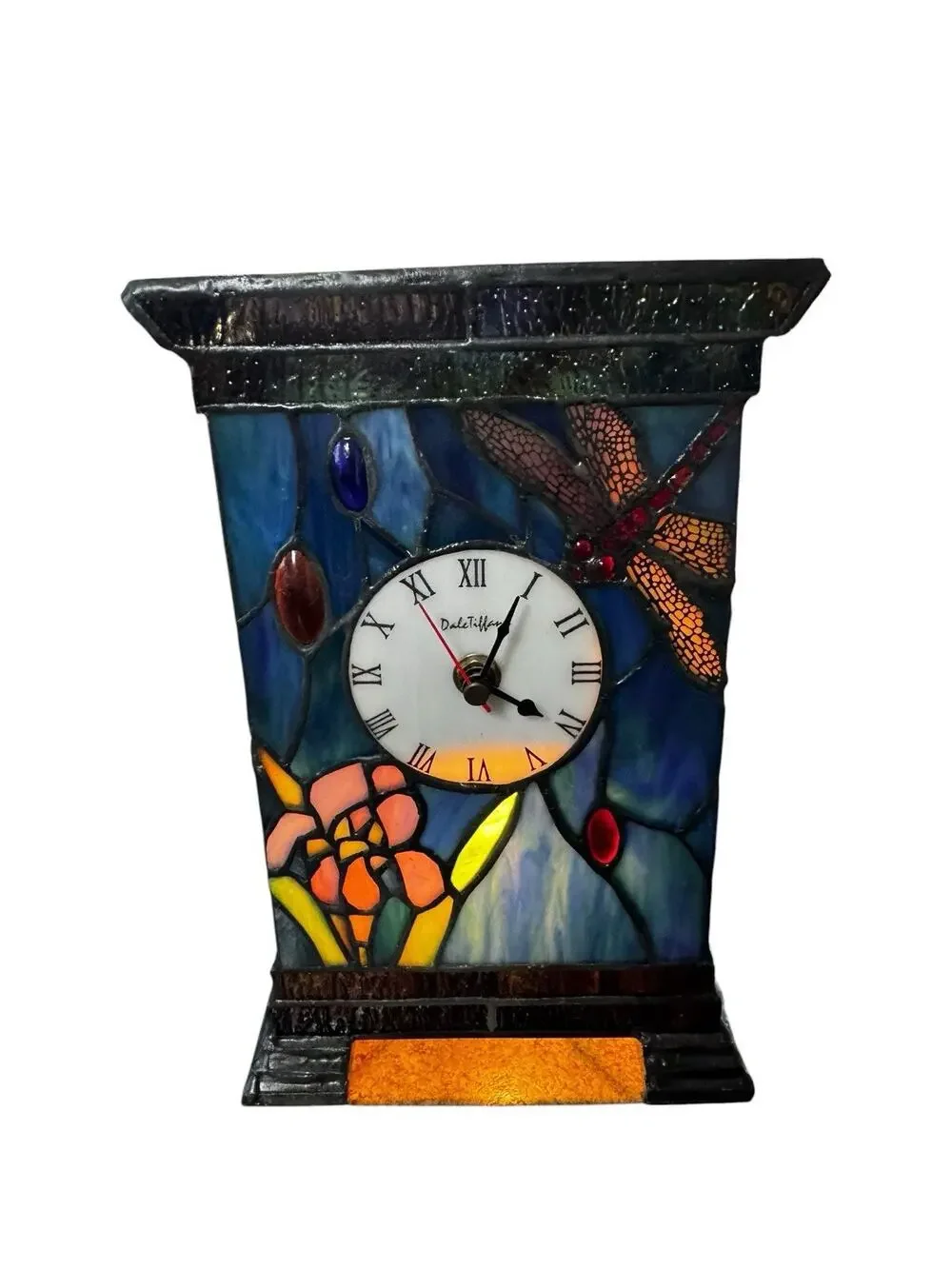 Dale Tiffany Stained Glass Dragonfly Floral Desk Clock Roman Numerals Multicolor